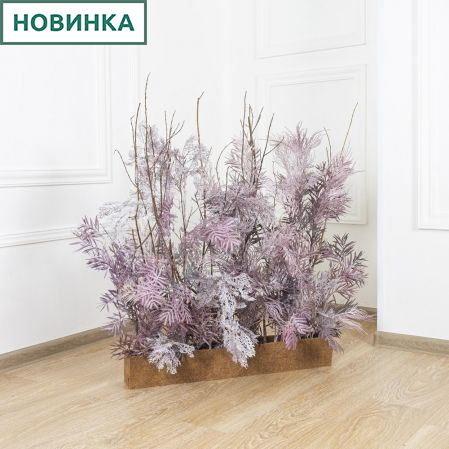 К421(з.) Композиция искусственная в кокосовом боксе 70х9,5х10см, пепельно-розов.