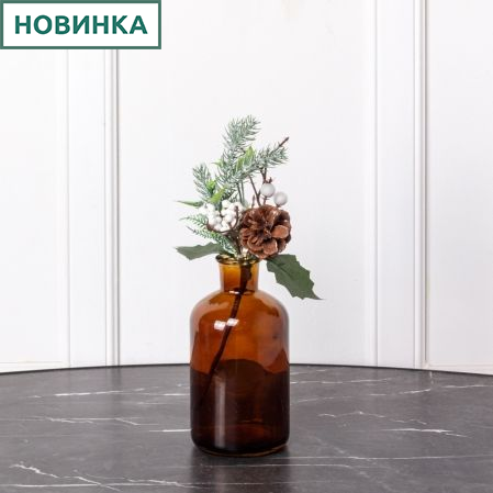 736/9271-06Р Ветка новогодняя еловая с шишкой и белыми ягодами h24см