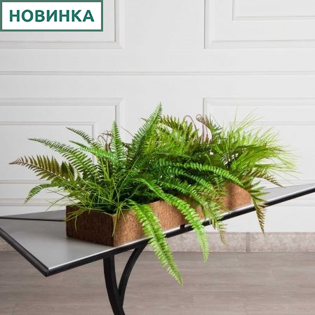 КН390/ЭК(Пр)(F) Композиция искусственная папоротники микс с травой в кокосовом боксе 75х20х10см