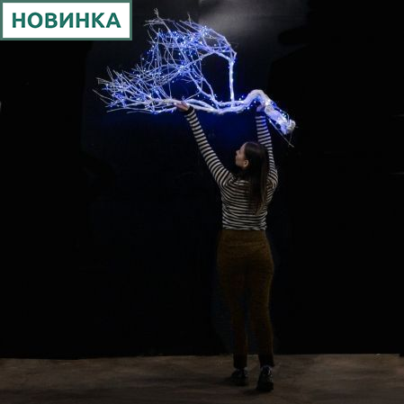 135/ДЗ/СВ03с(F) Ветвь интерьерная с гирляндой Роса h140см, натуральная древесина,белая