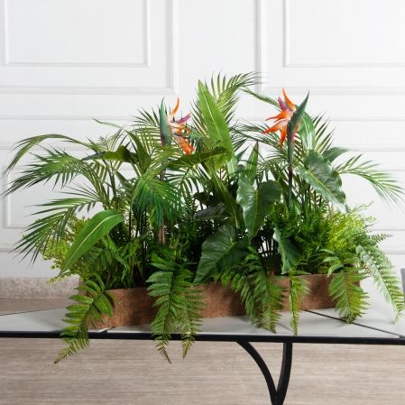 К327/1(F) Композиция искусственная Тропический микс со стрелицией h67см в кокос. боксе 80х20х10см К327/1(F) Композиция искусственная Тропический микс со стрелицией h67см в кокос. боксе 80х20х10см