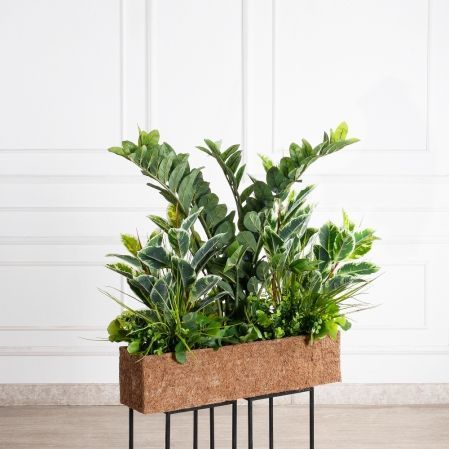 К361(УУ)(Пр)(F) Композиция искусственная Микс с Замиокулькасом в кокосовом боксе 65х15хh15см