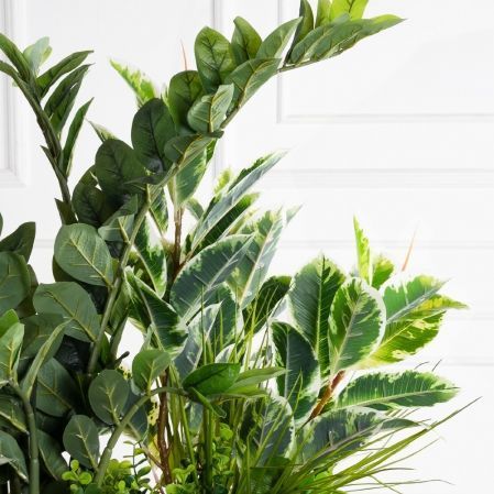 К361(УУ)(Пр)(F) Композиция искусственная Микс с Замиокулькасом в кокосовом боксе 65х15хh15см