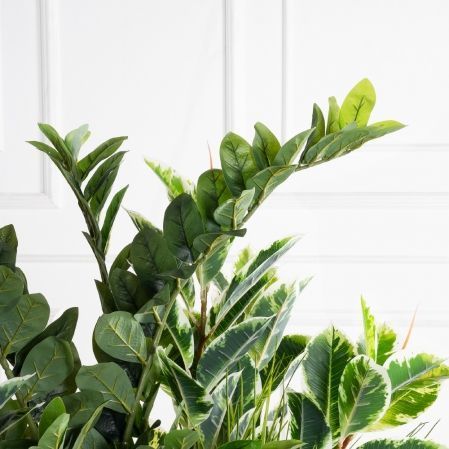 К361(УУ)(Пр)(F) Композиция искусственная Микс с Замиокулькасом в кокосовом боксе 65х15хh15см