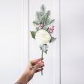 736/9271-08/1 Ветка новогодняя еловая заснеженная с белым пионом и ягодами h46см