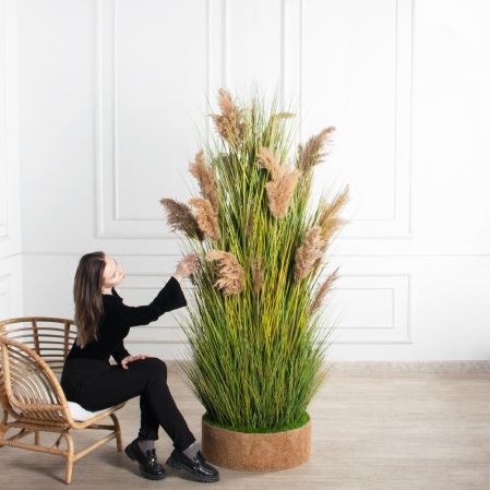 К351-6(з)(F) Трава Осока искусственная h200см в кокосовом боксе d60 h10см с мхом