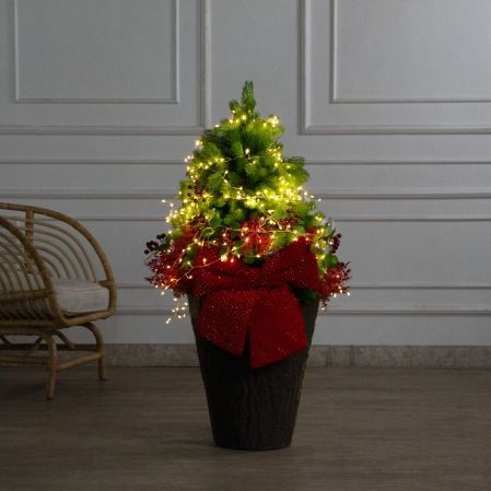 080/СВ03т/289-2(Пр)(Fix)(F) Ель искусственная h80см с красным декором и гирлянд. Роса на основании