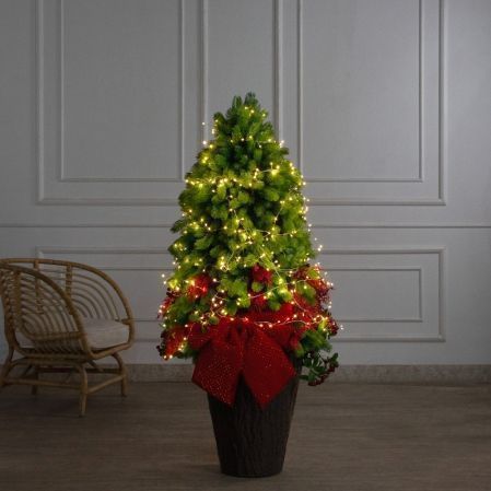 120/СВ03т/289-3(Пр)(Fix)(F) Ель искусств. h120см с красным декором и гирляндой Роса на основании