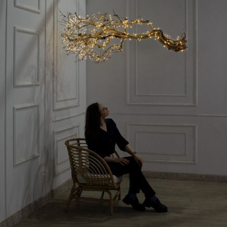 160/ДЗ/СВ03т(F) Ветвь интерьерная с гирляндой Роса h140см, натуральная древесина