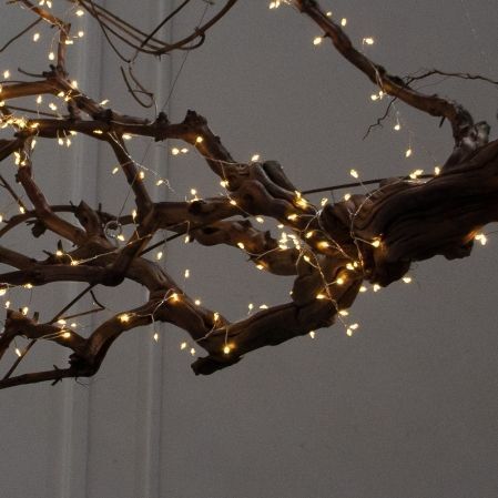 130/ДЗ/СВ03т(F) Ветвь интерьерная с гирляндой Роса h140см, натуральная древесина, коричневая