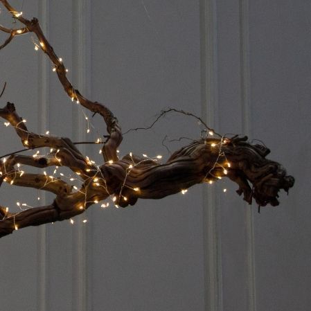 130/ДЗ/СВ03т(F) Ветвь интерьерная с гирляндой Роса h140см, натуральная древесина, коричневая