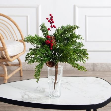 736А/9271-0028(F)(Чп) Ветка еловая с шишками и красными ягодами h35см(20+15см) 5веток