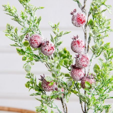 736А/0424-0138(F)(Чп) Ветка заснеженная НГ с гранатами и блёстками h70см(47+23см) 2ветки,11 гранат