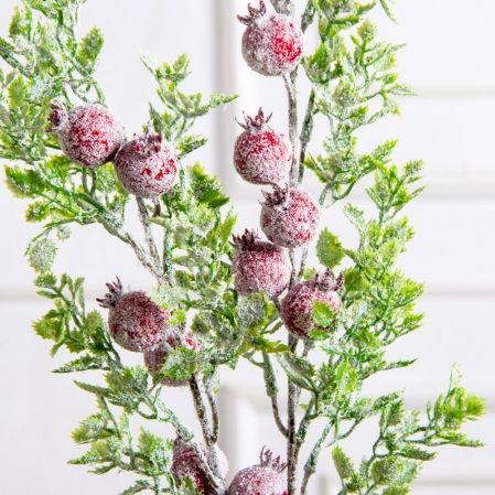 736А/0424-0138(F)(Чп) Ветка заснеженная НГ с гранатами и блёстками h70см(47+23см) 2ветки,11 гранат