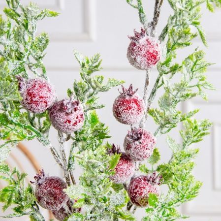 736А/0424-0138(F)(Чп) Ветка заснеженная НГ с гранатами и блёстками h70см(47+23см) 2ветки,11 гранат