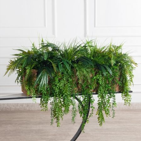 К417/12(з)(F) Композиция искусственная Зелень микс с ампельн. растениями в кокос. боксе 98х23х23см
