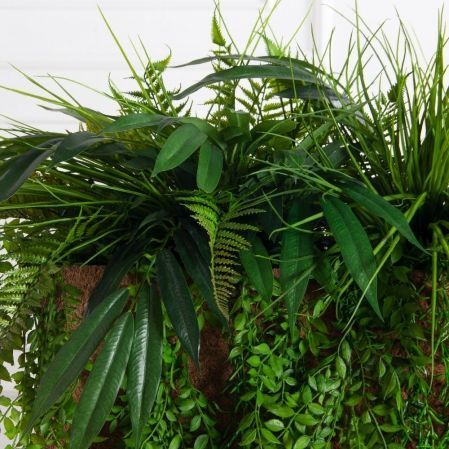 К417/12(з)(F) Композиция искусственная Зелень микс с ампельн. растениями в кокос. боксе 98х23х23см К417/12(з)(F) Композиция искусственная Зелень микс с ампельн. растениями в кокос. боксе 98х23х23см