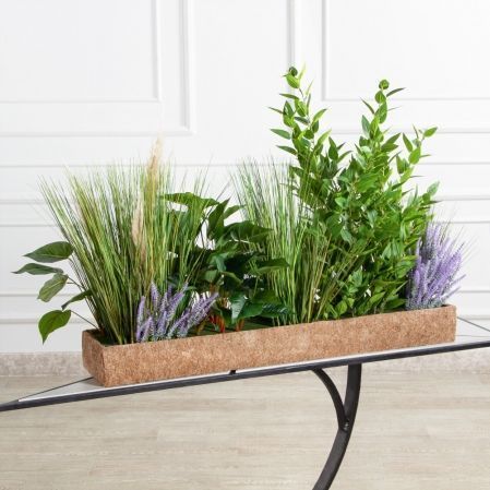 К570-1(з)(F) Композиция искусственная Зелень микс с осокой в кокосовом боксе 100х20х10см