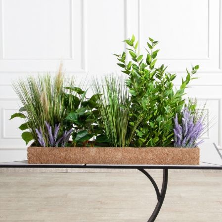 К570-1(з)(F) Композиция искусственная Зелень микс с осокой в кокосовом боксе 100х20х10см