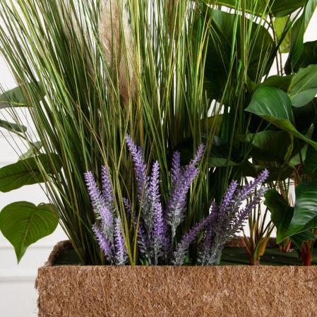 К570-1(з)(F) Композиция искусственная Зелень микс с осокой в кокосовом боксе 100х20х10см