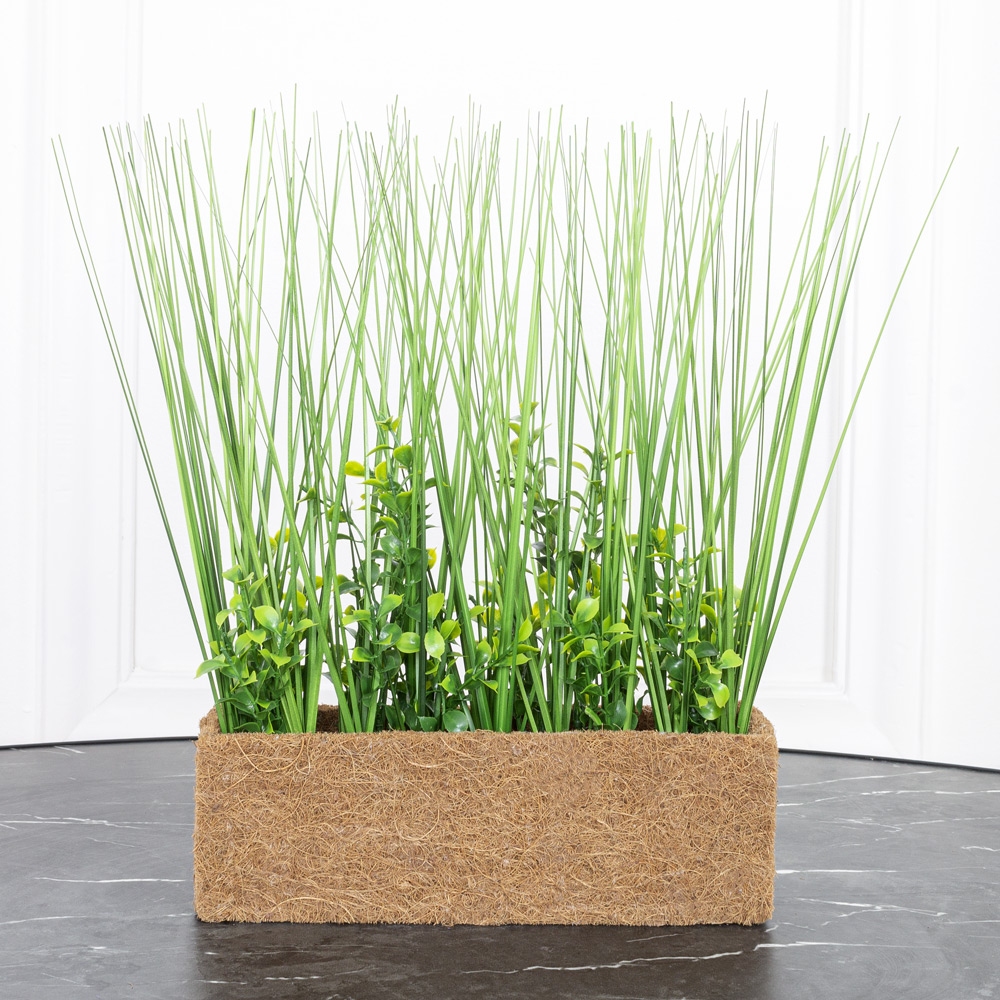 ТД066(Promo) Трава искусственная Осока с самшитом h30см в кокосовом боксе 25х8х8см _4