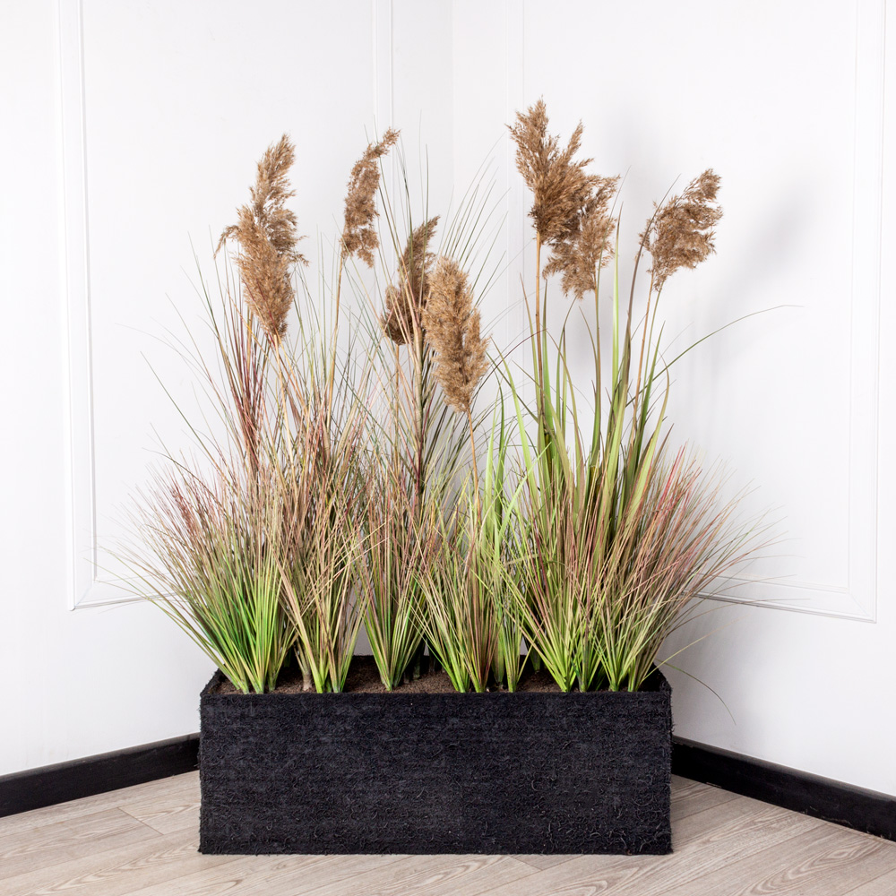 ТД100(Promo) Трава Осока искусственная с камышом в кокосовом боксе 86х32хh30см_2