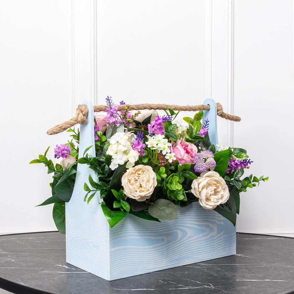 К268 Композиция искусственная цветочная с суккулентами в голубом деревянном ящике 30х15хh30_5
