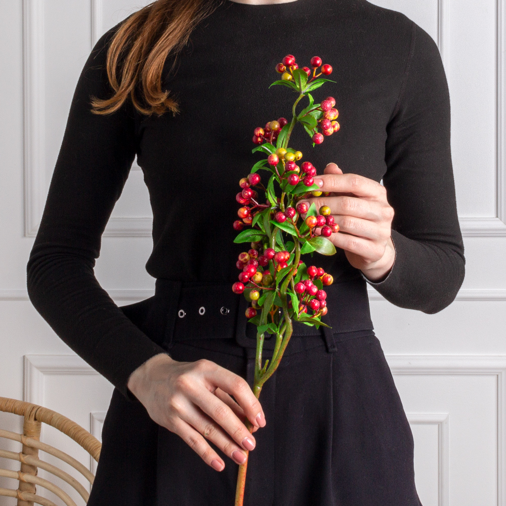 7143А/0599-4/3 Ветка искусственная с ягодами и листочками h60см, красно-желтые_3