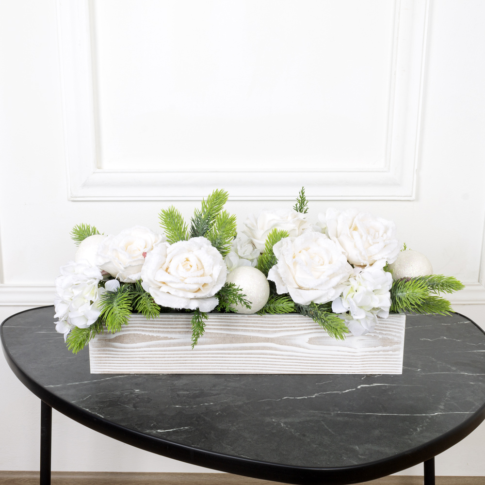 КНг63 Композиция искусственная НГ с цветами в ящике 40х9хh8см_1