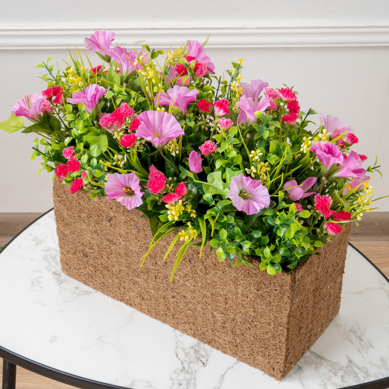 Ц602-4(з)(F) Композиция искусственная Петуния розовая в кокосовом боксе 35х15х17см_1