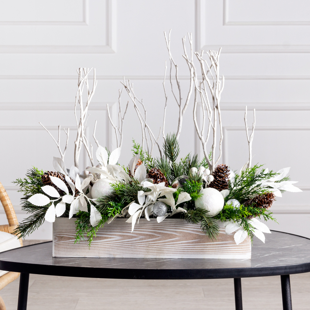 КНг58(F) Композиция искусственная НГ серебро в ящике 40х9хh8см _1