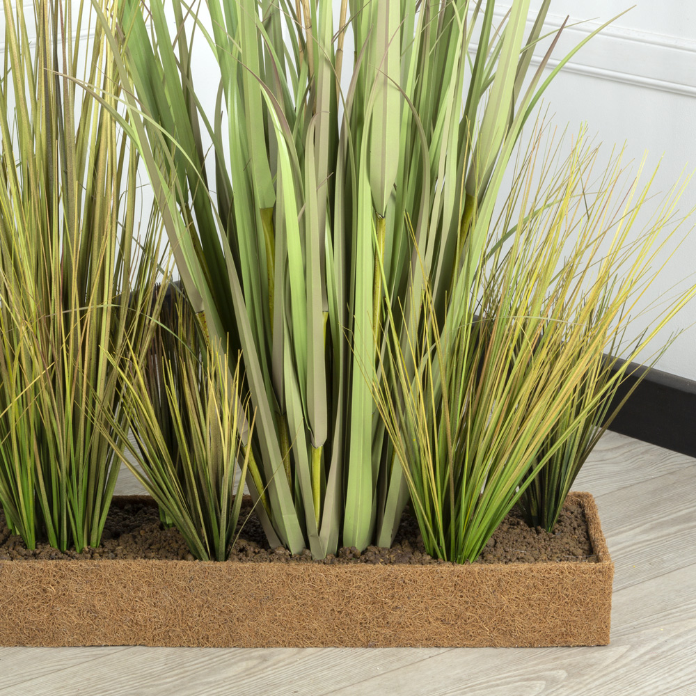 ТД097-6(з) Трава Осока искусственная с камышом в кокосовом боксе 95х20х8см, желто-зеленая_2