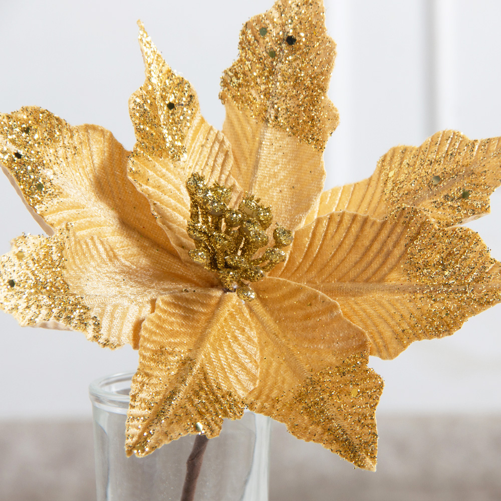 736А/9271-6316/4(F) Пуансетия НГ с блёстками h19см(нога h14см d23см) бежевая_2