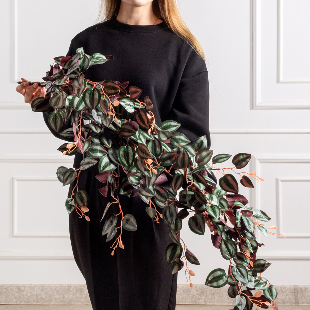 7143А/9116-01(F) Плющ традесканция  искусственный ампельный 12 частей, h120см, зелено-бордовый_2