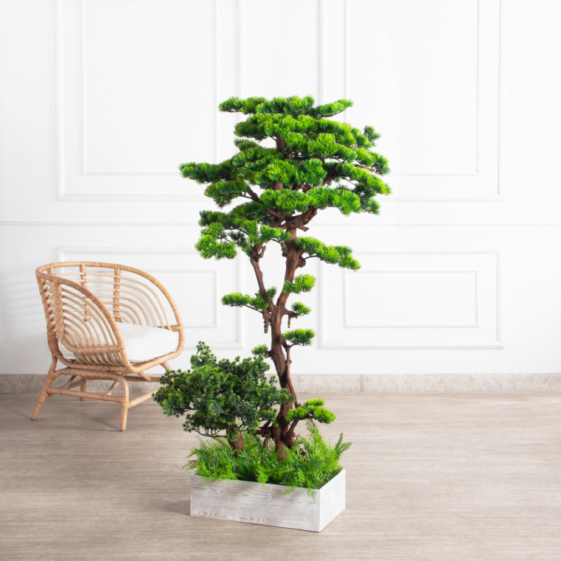 БС150/ОС/30-9(з)(Пр)(F) Бонсай искусственный Сосна h150 и 50см в деревянном ящике 50х30х15см_1