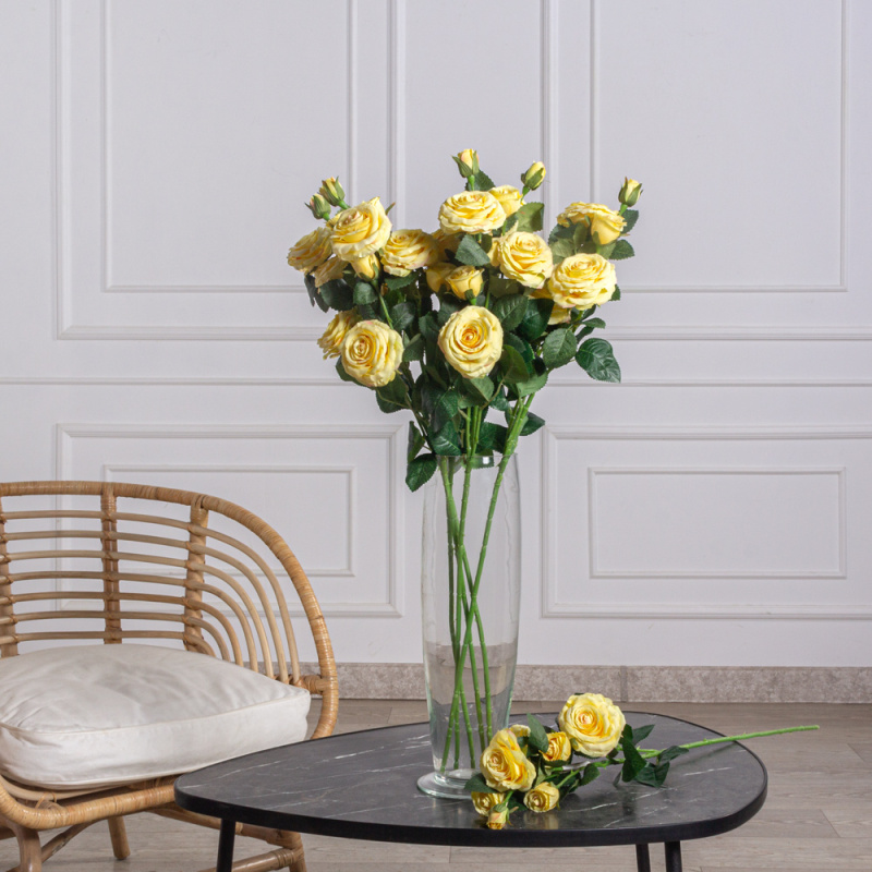 7141А/9149-11/3(F) Роза искусственная h75см, желтая, 3головы, 4бутона, шёлк
