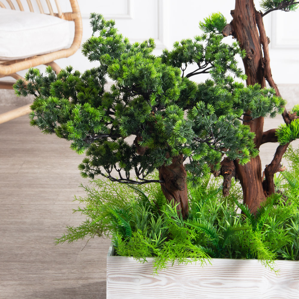 БС150/ОС/30-9(з)(Пр)(F) Бонсай искусственный Сосна h150 и 50см в деревянном ящике 50х30х15см_6