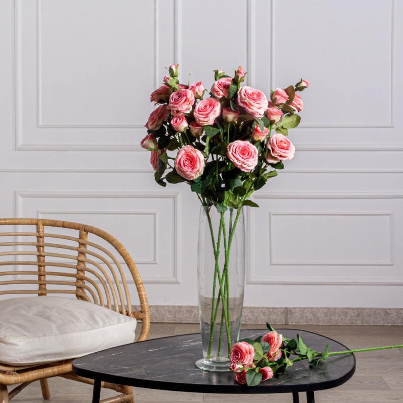 7141А/9149-11/1(F)Роза искусственная h75см, розовая, 3головы, 4бутона, шёлк