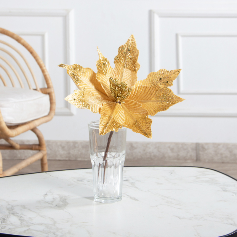 736А/9271-6316/4(F) Пуансетия НГ с блёстками h19см(нога h14см d23см) бежевая_1