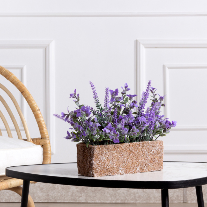 ТД042-1(F) Лаванда искусственная с зеленью (фиолетовая) h25см в забеленном кокосовом боксе 25х8х8см