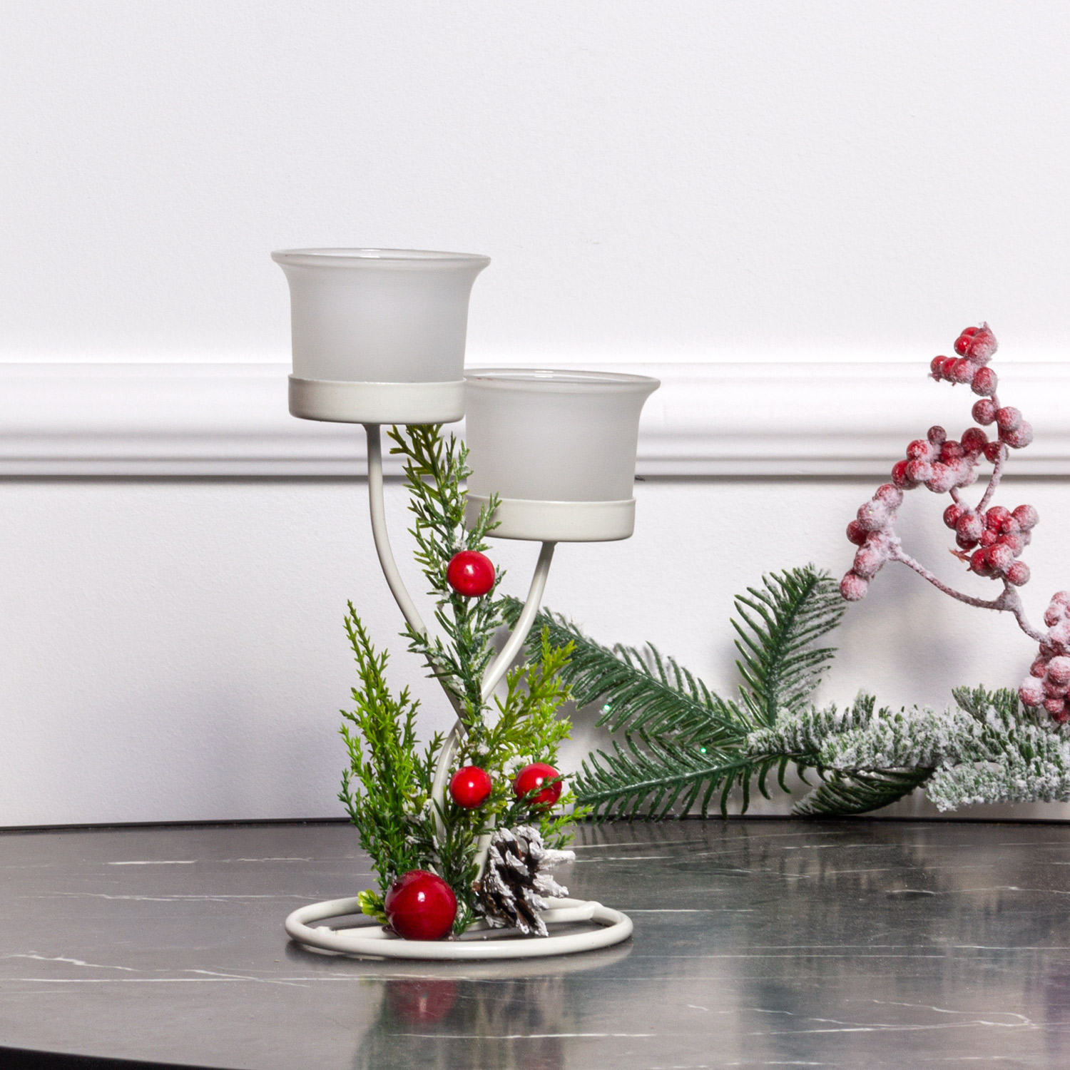 808/024-3(Sale) Подсвечник новогодний с декором на 2 свечи, белый_1