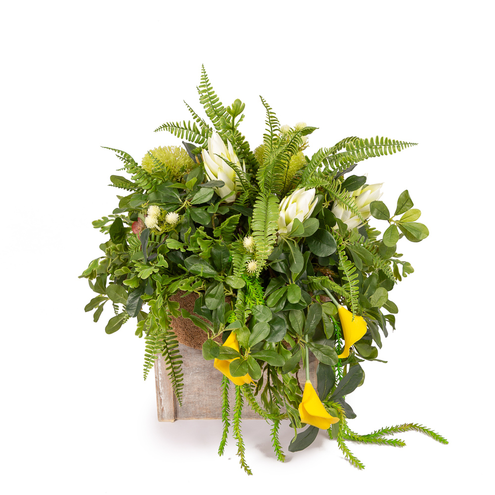 К08/2-1(з.) Композиция цветочная h30см в круглом кокосовом боксе d29;h10_6