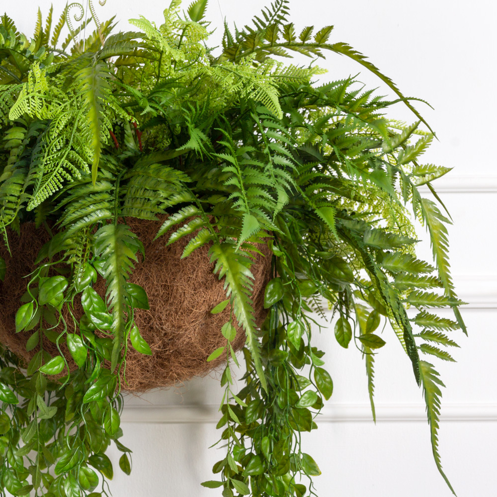 ККВ03-2/5(з)(F) Композиция искусственная Папоротники в подвесной  декоративной коковите d30см_2