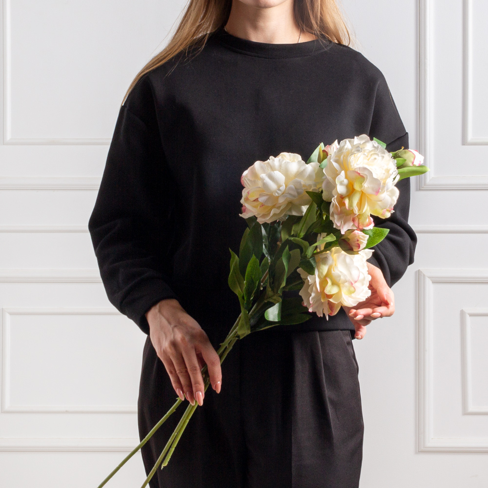 7141А/9149-10/4(F) Пион искусственный 1 голова d12см, 1 бутон, h63см, кремовый_3