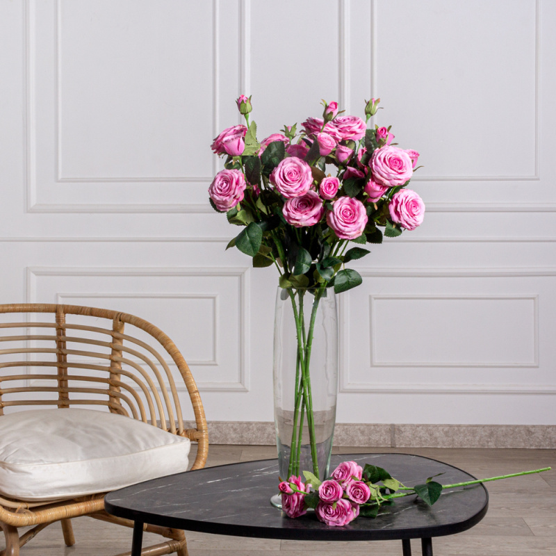 7141А/9149-11/8(F) Роза искусственная h75см, сиреневая, 3головы, 4бутона, шёлк