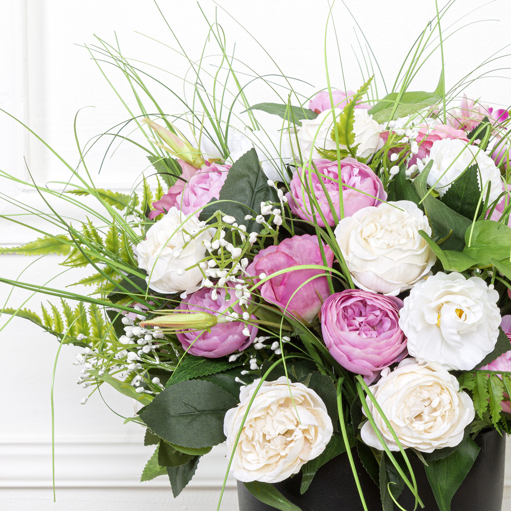 К123(з.) Композиция искусственная Розы пионовидные и орхидеи в кашпо d19см_2