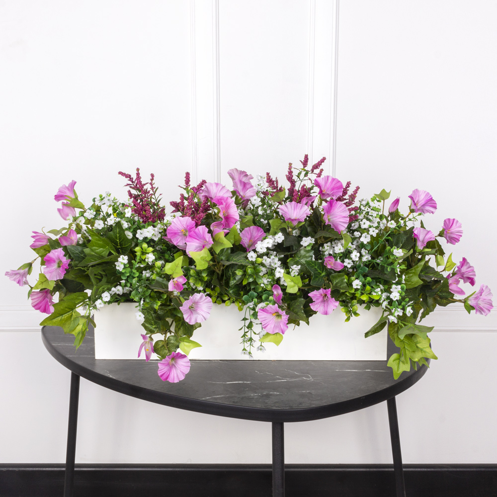 ТДЯ161 Композиция искусственная с петунией в деревянном ящике 50х12х10см, розовая_1