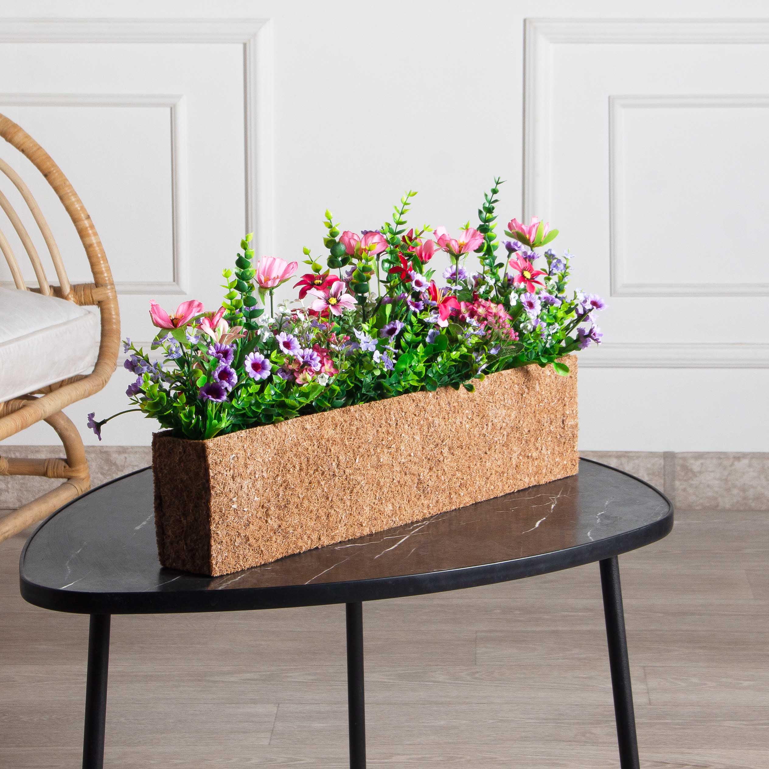 Ц427-1/3(з)(F) Композиция искусств. Цветочный микс с Колокольчиками в кокос. боксе 55,5х7,5х12см_1