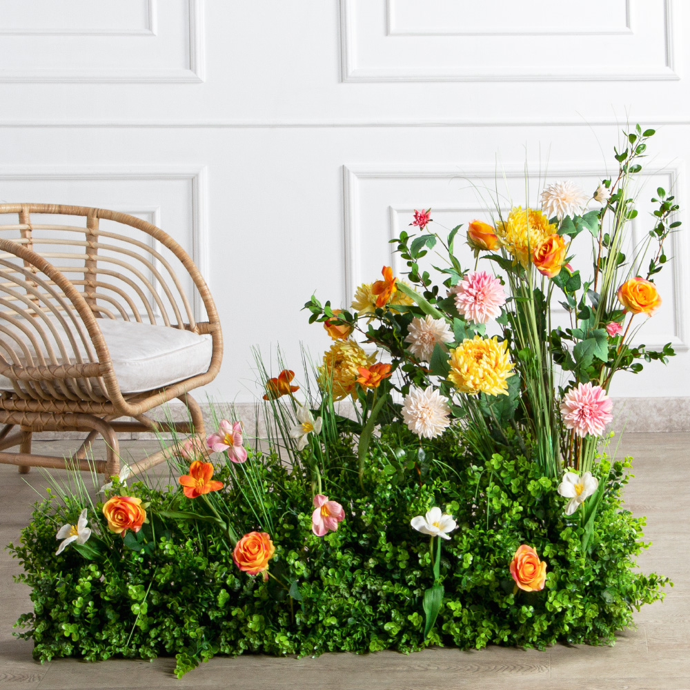 ВМ105-4(з)(F) Композиция искусственная цветы и трава на вставке 115х15хh10см_3