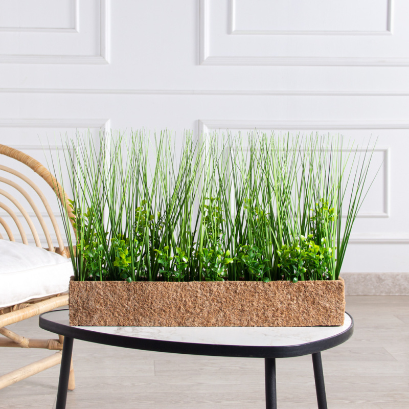 Т025(F) Трава Осока искусственная с самшитом h28см в кокосовом боксе 50х8х8см